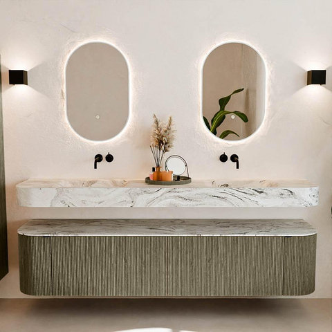 MONDIAZ THOR-DLUX Meuble de salle de bains - 200cm - arrondi gauche + droite - couleur Shadow - 2 tiroirs et 2 portes - Vasque suspendue CLOUD Double sans trou de robinet - couleur Glace SW1467024