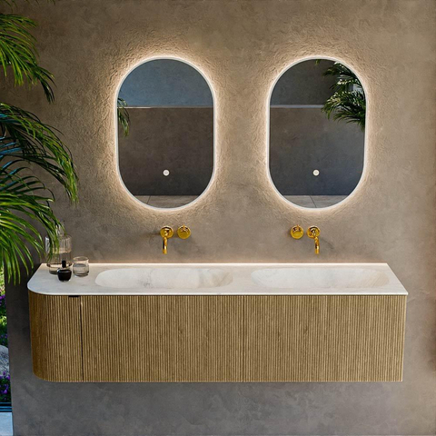 Mondiaz KURVE-DLUX Ensemble de meubles de salle de bains - 165x46x40cm - 2 tiroirs - 1 porte - vasque solid surface - double / droite - sans trou de robinet - Dusk SW1414948