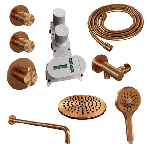 Brauer Copper Edition Ensemble de douche pluie encastré - douche principale 20 cm - bras mural - avec partie encastrable - boutons lisses - douchette ronde 1 fonction - PVD - cuivre brossé SW538386
