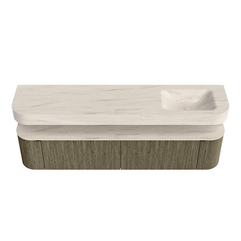 MONDIAZ THOR-DLUX 200cm meuble de salle de bains arrondi gauche + droite couleur Shadow avec 2 tiroirs et 2 portes. Vasque suspendue CLOUD Droite sans trou de robinet couleur Meli. SW1467142