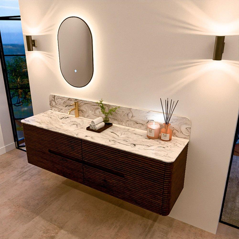 Mondiaz CIRO-DLUX Badkamermeubelset - 170x45x50cm - Solid surface wastafel Glace - 1 wasbak Links - 1 kraangat - 4 lades - Walnut SW1530294