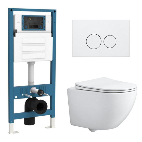 QeramiQ Dely Swirl Compact Toiletset - inbouwreservoir QeramiQ flush - slim zitting - metalen bedieningsplaat mat wit - ronde knoppen - mat wit SW1590653