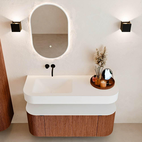 MONDIAZ THOR 120cm meuble de salle de bains arrondi gauche + droite couleur Ruby avec 1 tiroir et 2 portes. Vasque suspendue CLOUD Gauche sans trou de robinet couleur Talc. SW1463273
