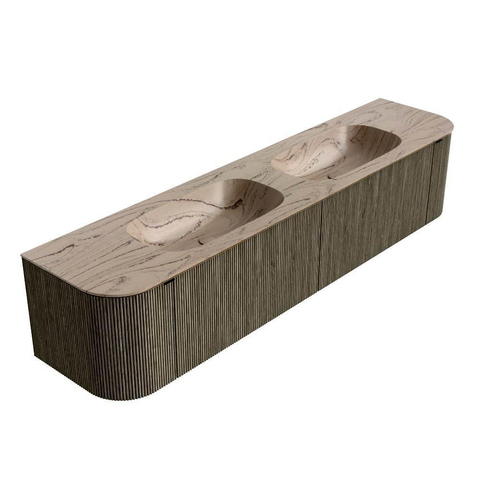 MONDIAZ KURVE-DLUX Meuble de salle de bains 200cm arrondi gauche + droite couleur Shadow avec 2 tiroirs et 2 portes. Plan-vasque STOR SMALL Double 2 trous de robinet Arena. SW1431328