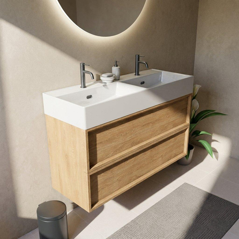 Saniclass Holz Frame Badkamermeubelset - 120x45x72cm - Legend keramische wastafel wit - 2 wasbakken - 2 kraangaten - 2 lades - mat eiken natural (hout) SW1579893