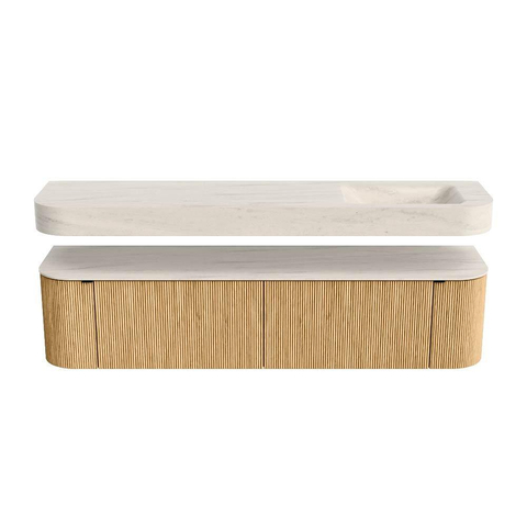 MONDIAZ THOR-DLUX Meuble de salle de bains 190cm arrondi gauche + droite couleur Oak avec 2 tiroirs et 2 portes. Vasque suspendue CLOUD Droite 1 trou de robinet couleur Meli. SW1467709
