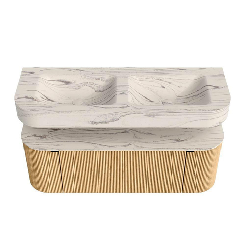 MONDIAZ THOR-DLUX 130cm badmeubel ronding links + rechts kleur Oak met 1 lade en 2 deuren. Vrijhangende wastafel CLOUD Dubbel 2 kraangaten kleur Nata. SW1463834