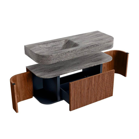 MONDIAZ THOR-DLUX 120cm badmeubel ronding links + rechts kleur Ruby met 1 lade en 2 deuren. Vrijhangende wastafel CLOUD Links zonder kraangat kleur Oza. SW1463445