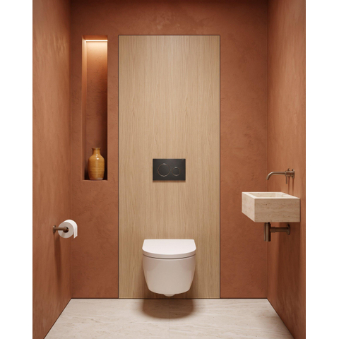 QeramiQ Dely Swirl Pack WC - 36,3x51,7cm - réservoir encastré Geberit UP720 Duofix Sigma - assise 35mm - plaque de déclenchement noire mate - boutons ronds - blanc brillant SW1413869