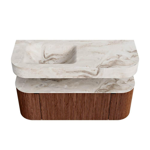 MONDIAZ THOR-DLUX 120cm meuble de salle de bains arrondi gauche + droite couleur Ruby avec 1 tiroir et 2 portes. Vasque suspendue CLOUD Gauche sans trou de robinet couleur Frappe. SW1463081