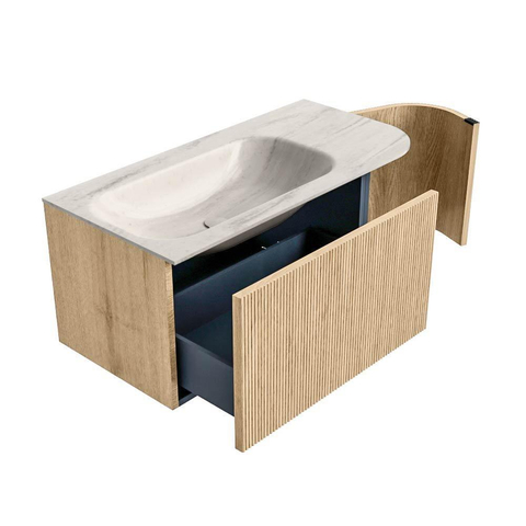 MONDIAZ KURVE-DLUX 95cm badmeubel ronding Rechts kleur Oak met 1 lade en 1 deur. Wastafel BIG SMALL Links zonder kraangat Meli. SW1431561