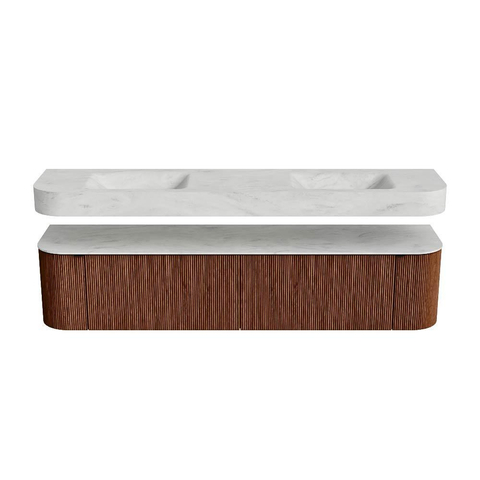 MONDIAZ THOR-DLUX 200cm meuble de salle de bains arrondi gauche + droite couleur Ruby avec 2 tiroirs et 2 portes. Vasque suspendue CLOUD Double 2 trous de robinet couleur Opalo. SW1466921