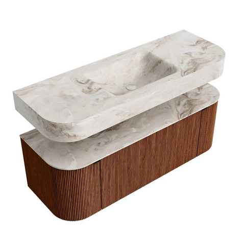 MONDIAZ THOR-DLUX 130cm meuble de salle de bains arrondi gauche + droite couleur Ruby avec 1 tiroir et 2 portes. Vasque suspendue CLOUD Milieu 1 trou de robinet couleur Frappe. SW1463562