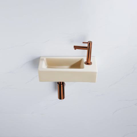 QeramiQ Fuente fonteinset – 37.5x18.5x9 cm – keramiek beige – kraangat rechts – geborsteld koperen kraan SW1232775