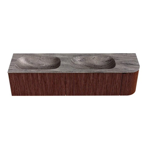 MONDIAZ KURVE-DLUX Meuble de salle de bains 175cm arrondi à droite couleur Ruby avec 2 tiroirs et 1 porte. Lavabo STOR SMALL Double / Gauche 2 trous de robinet Oza. SW1432843
