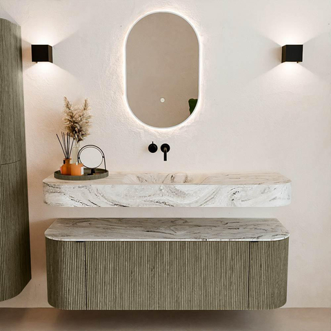 MONDIAZ THOR-DLUX Meuble de salle de bains 140cm arrondi gauche + droite couleur Shadow avec 1 tiroir et 2 portes. Vasque suspendue CLOUD Milieu sans trou de robinet couleur Glace. SW1464134