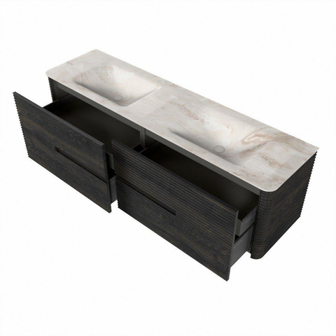 Mondiaz CIRO-DLUX Badkamermeubelset - 170x45x50cm - Solid surface wastafel Frappe - 2 wasbak Dubbel - 2 kraangaten - 4 lades - Shadow SW1532210