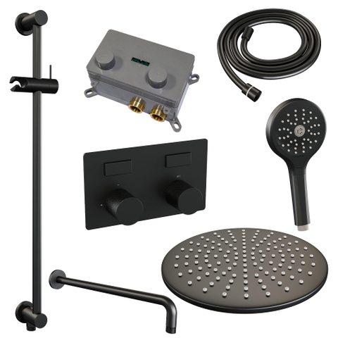 BRAUER Black Carving Douche de pluie thermostatique encastrée - boutons-poussoirs - SET 70 - tête de douche 30cm - bras mural courbé - douchette 3 jets - flexible de douche - barre de douche intégrée - noir mat SW925406