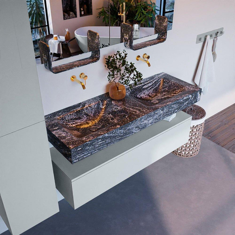 Mondiaz ALAN-DLUX Ensemble de meuble - 130cm - meuble Clay mat - 1 tiroir - Lavabo Cloud Lava suspendu - vasque Gauche et droite - 0 trous de robinet SW808734