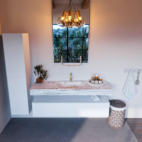 Mondiaz ALAN-DLUX Ensemble de meuble - 150cm - meuble Talc mat - 1 tiroir - Lavabo Cloud Glace suspendu - vasque Centre - 1 trou de robinet SW805171