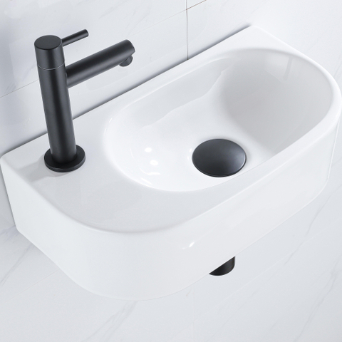 QeramiQ Fuente fonteinset – halfrond – 40x21.5x12 cm – keramiek wit glans – kraangat links – mat witte kraan SW1419341