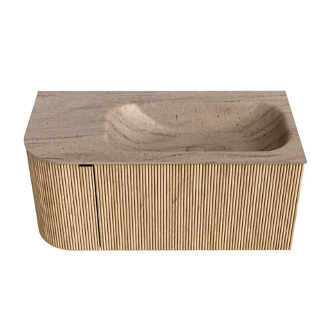 MONDIAZ KURVE-DLUX Meuble de salle de bains 95cm arrondi Gauche couleur Chêne avec 1 tiroir et 1 porte. Lavabo BIG SMALL Droite 1 trou de robinet Saba. SW1433052