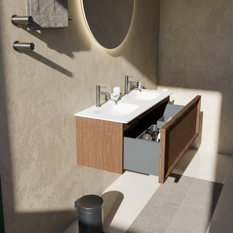 Saniclass Holz Frame Badkamermeubelset - 120x45x41.5cm - Flow solid surface wastafel wit - 2 wasbakken - 2 kraangaten - 1 lade - mat walnut pure (hout) SW1478423