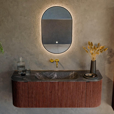 Mondiaz KURVE-DLUX Ensemble meuble de salle de bains - 130x46x40cm - 1 tiroir - 2 portes - lavabo solid surface - central - sans trou de robinet - Ruby SW1416033