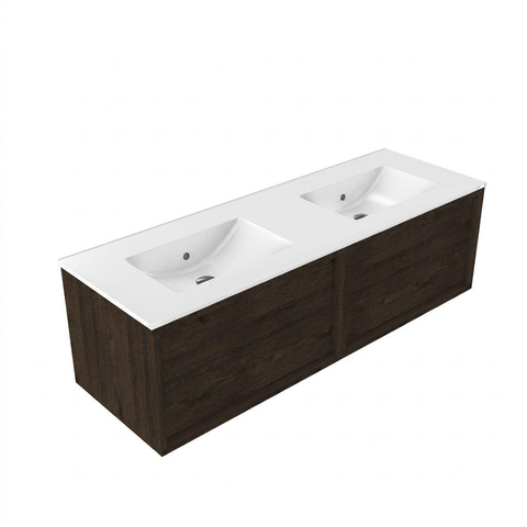 Saniclass Holz Frame Meuble de salle de bain - 140x45x40cm - lavabo en céramique blanc - 2 vasques - sans trous de robinet - 2 tiroirs - Charcoal SW1437759