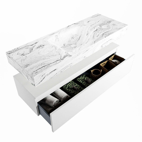 Mondiaz ALAN-DLUX Ensemble de meuble - 130cm - meuble Talc mat - 1 tiroir - Lavabo Cloud Glace suspendu - vasque Centre - 1 trou de robinet SW804910