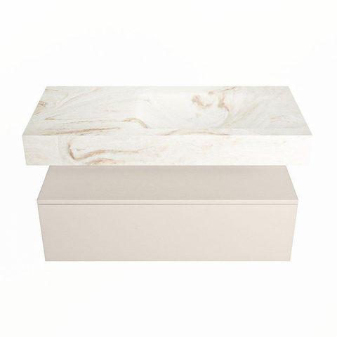 Mondiaz ALAN-DLUX Ensemble de meuble - 100cm - meuble Linen mat - 1 tiroir - Lavabo Cloud Frappe suspendu - vasque Droite - 0 trous de robinet SW805353