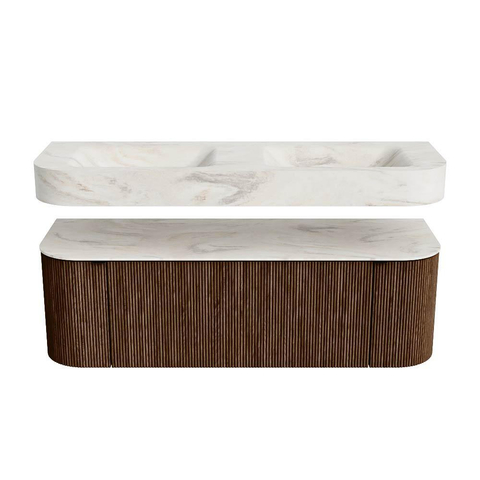 MONDIAZ THOR-DLUX 140cm badmeubel ronding links + rechts kleur Walnut met 1 lade en 2 deuren. Vrijhangende wastafel CLOUD Dubbel 2 kraangaten kleur Ostra. SW1464093