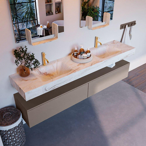 Mondiaz ALAN-DLUX Ensemble de meuble - 200cm - meuble Smoke mat - 2 tiroirs - Lavabo Cloud Frappe suspendu - vasque Gauche et droite - 2 trous de robinet SW805285