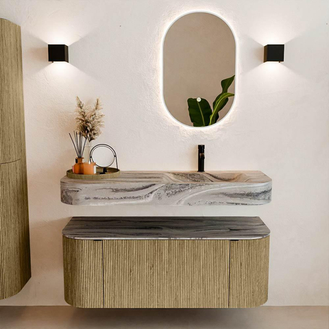 MONDIAZ THOR-DLUX 120cm badmeubel ronding links + rechts kleur Dusk met 1 lade en 2 deuren. Vrijhangende wastafel CLOUD Rechts 1 kraangat kleur Sombra. SW1463647