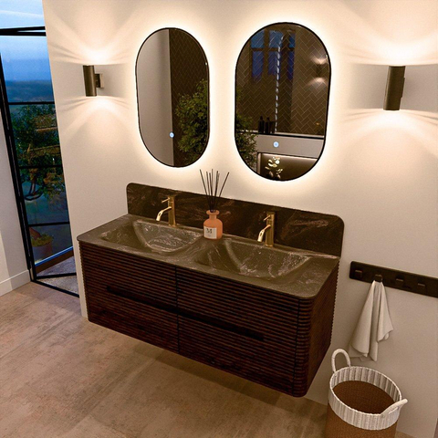 Mondiaz CIRO-DLUX Badkamermeubelset - 130x45x50cm - Solid surface wastafel Lava - 2 wasbak Dubbel - 2 kraangaten - 4 lades - Walnut SW1530222