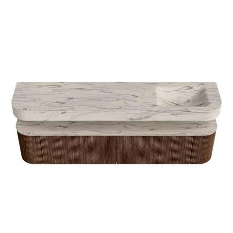 MONDIAZ THOR-DLUX 200cm meuble de salle de bains arrondi gauche + droite couleur Walnut avec 2 tiroirs et 2 portes. Vasque suspendue CLOUD Droite 1 trou de robinet couleur Nata. SW1467151