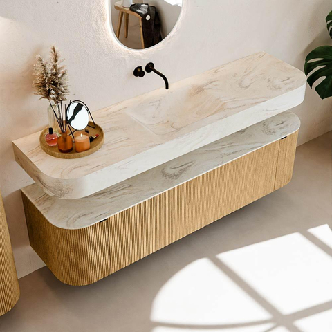 MONDIAZ THOR-DLUX 170cm meuble de salle de bains arrondi gauche + droite couleur Oak avec 1 tiroir et 2 portes. Vasque suspendue CLOUD Milieu sans trou de robinet couleur Ostra. SW1465545