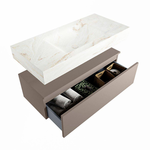 Mondiaz ALAN-DLUX Ensemble de meuble - 100cm - meuble Smoke mat - 1 tiroir - Lavabo Cloud Frappe suspendu - vasque Centre - 0 trous de robinet SW805039