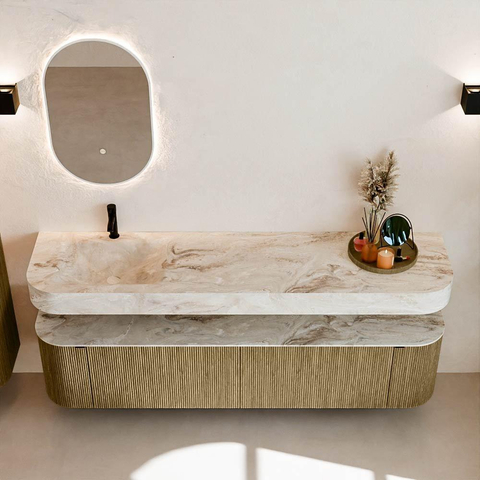 MONDIAZ THOR-DLUX Meuble de salle de bains 190cm arrondi gauche + droite couleur Dusk avec 2 tiroirs et 2 portes. Vasque suspendue CLOUD Gauche 1 trou de robinet couleur Frappe. SW1466451