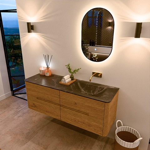 Mondiaz CIRO-DLUX Meuble de salle de bains - 140x45x50cm - Plan vasque solid surface Lava - 1 lavabo à droite - sans trous de robinetterie - 4 tiroirs - Chêne SW1531015