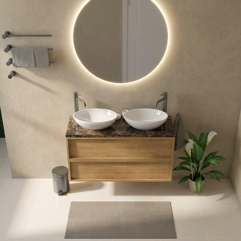 Saniclass Holz Frame Badkamermeubelset - 120x45x63cm - Noche natuurstenen topblad dark emperador - 2 kraangaten - 2 lades - mat eiken natural (hout) SW1579879