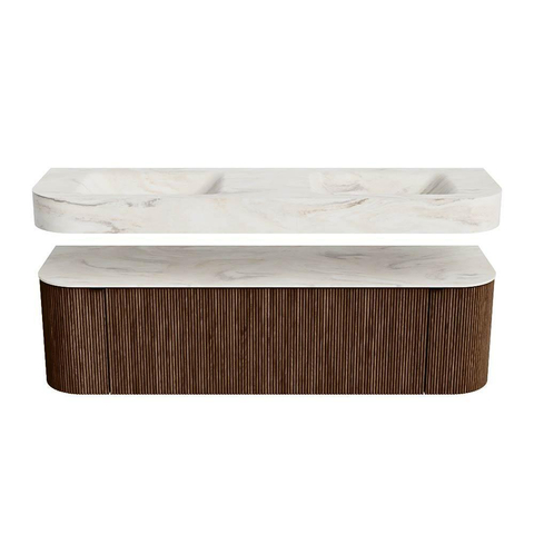 MONDIAZ THOR-DLUX 160cm meuble de salle de bains arrondi gauche + droite couleur Walnut avec 1 tiroir et 2 portes. Vasque suspendue CLOUD Double sans trou de robinet couleur Ostra. SW1465034