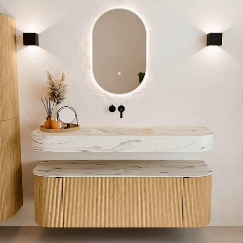 MONDIAZ THOR-DLUX 140cm badmeubel ronding links + rechts kleur Oak met 1 lade en 2 deuren. Vrijhangende wastafel CLOUD Midden zonder kraangat kleur Nata. SW1464432