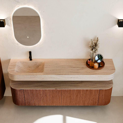 MONDIAZ THOR-DLUX 180cm meuble de salle de bains arrondi gauche + droite couleur Ruby avec 2 tiroirs et 2 portes. Vasque suspendue CLOUD Gauche 1 trou de robinet couleur Saba. SW1466243