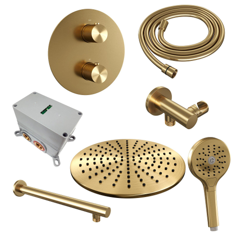 BRAUER Gold Carving douche de pluie encastrée thermostatique - 3 voies - rond - set 80 - pomme de douche 30cm - bras mural droit - douchette 3 jets - flexible de douche - coude de raccordement mural - or brossé PVD SW1159059
