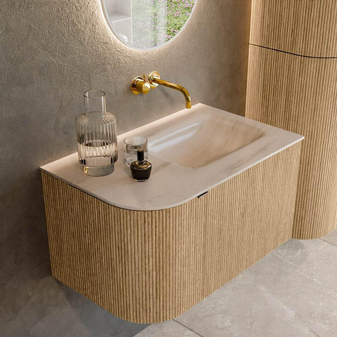MONDIAZ KURVE-DLUX Meuble de salle de bains 75cm arrondi gauche couleur Oak avec 1 tiroir et 1 porte. Lavabo GRUNNE droit sans trou de robinet Meli. SW1431571