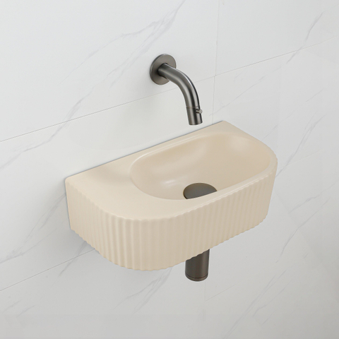 QeramiQ Fuente pack lave-mains – demi-rond – 40 x 21,5 x 12 cm – céramique beige – robinet gunmetal – cannelé SW1233121