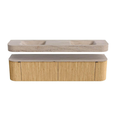 MONDIAZ THOR-DLUX Meuble de salle de bains 190cm arrondi gauche + droite couleur Oak avec 2 tiroirs et 2 portes. Vasque suspendue CLOUD Double 2 trous de robinet couleur Saba. SW1466650