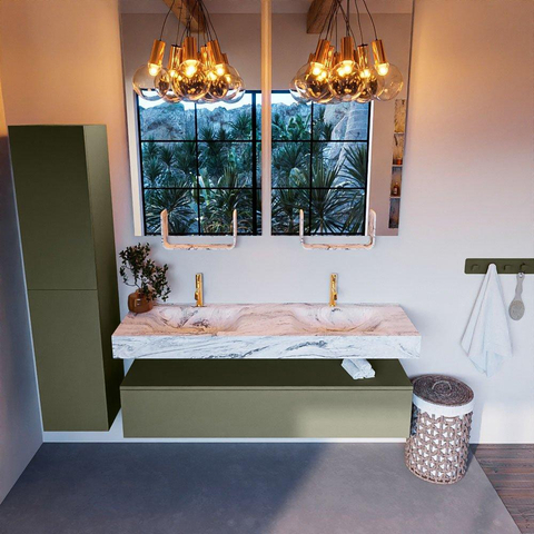 Mondiaz ALAN-DLUX Ensemble de meuble - 150cm - meuble Army mat - 1 tiroir - Lavabo Cloud Glace suspendu - vasque Gauche et droite - 2 trous de robinet SW805702