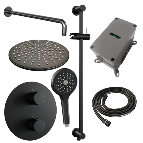 BRAUER Black Carving douche de pluie encastrée thermostatique - 3 voies - ronde - set 94 - pomme de douche 30cm - bras mural courbé - douchette 3 jets - flexible de douche - barre de douche intégrée - noir mat SW1159245